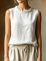 Women's Loose-fit Sleeveless Shirt With Ruffled Crew Neck