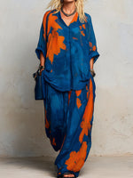 Women's Cotton-linen Set: Abstract Print V-neck 3/4-sleeve Loose-fit Top & High-waisted Wide-leg Pants