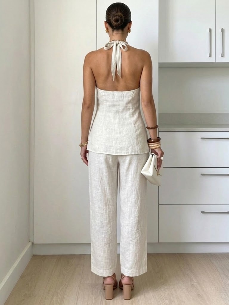 Women's Simple Casual Halter Neck Sleeveless Cotton Linen Set