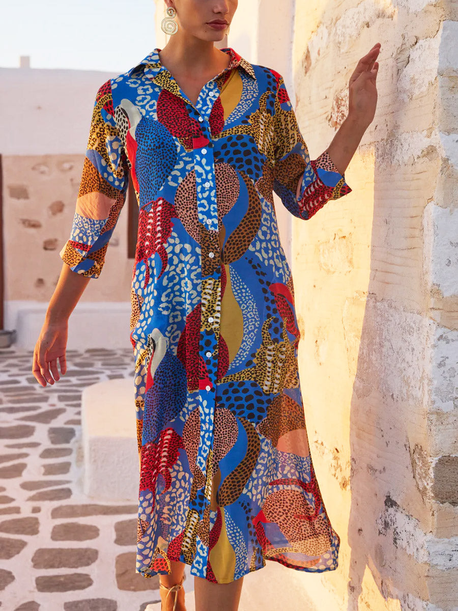 Women's Retro Abstract Polka Dot Art Print Casual Cotton Linen Shirt Dress