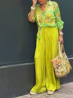 Cozy And Flowy Printed Silk-blend Shirt And Solid-color Trousers Two-piece Set