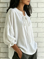Women's Lace-up V-neck Puff Sleeve Cotton-linen Shirt