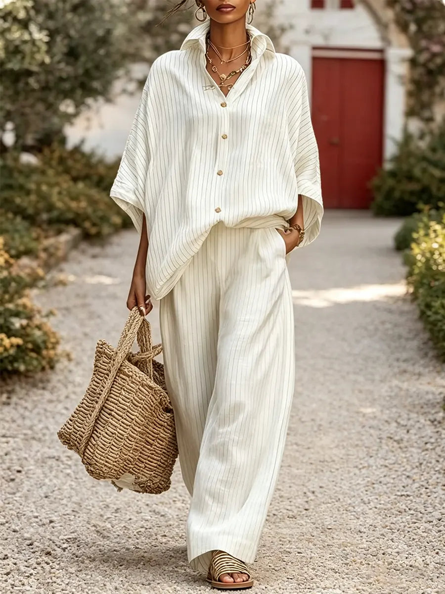 Elegant Classic Striped Shirt And Wide-leg Pants Two-piece Set
