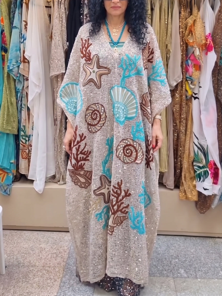 Vacation-style Knitted Kaftan Dress With Seashell And Coral Print