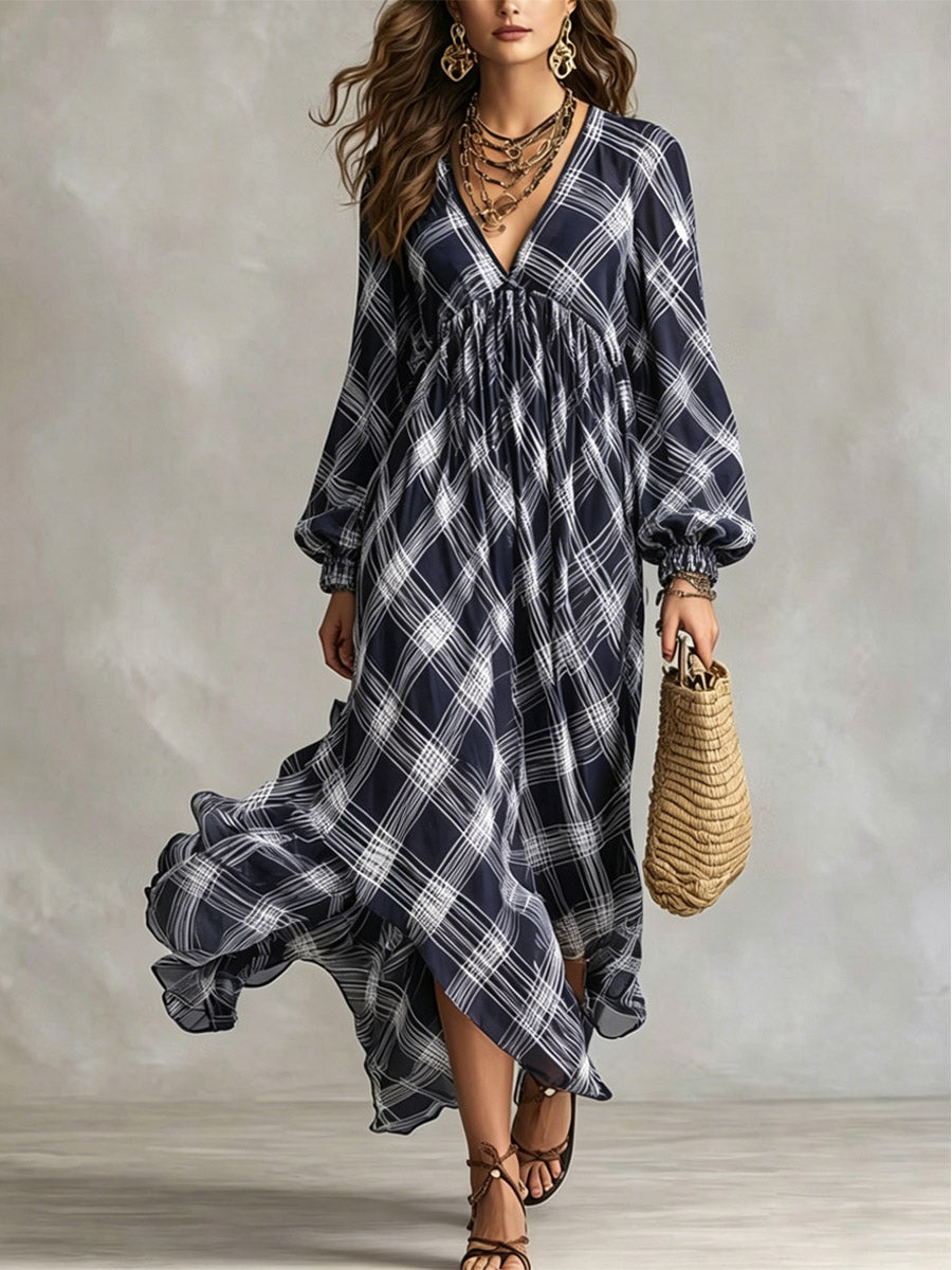 Women's Plaid Pattern Art Print Casual Long Sleeve Maxi Dress