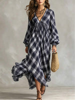 Women's Plaid Pattern Art Print Casual Long Sleeve Maxi Dress