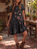 Women's Faux-denim Positioned-print Cotton Dress — Crew Neck Short Sleeve Casual Loose Fit