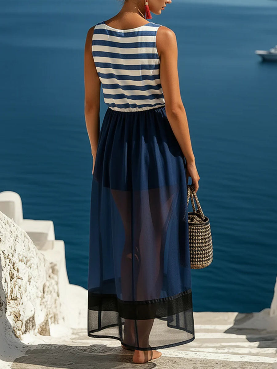 Women's Striped Print Round-neck Sleeveless Dress With Mesh Splicing
