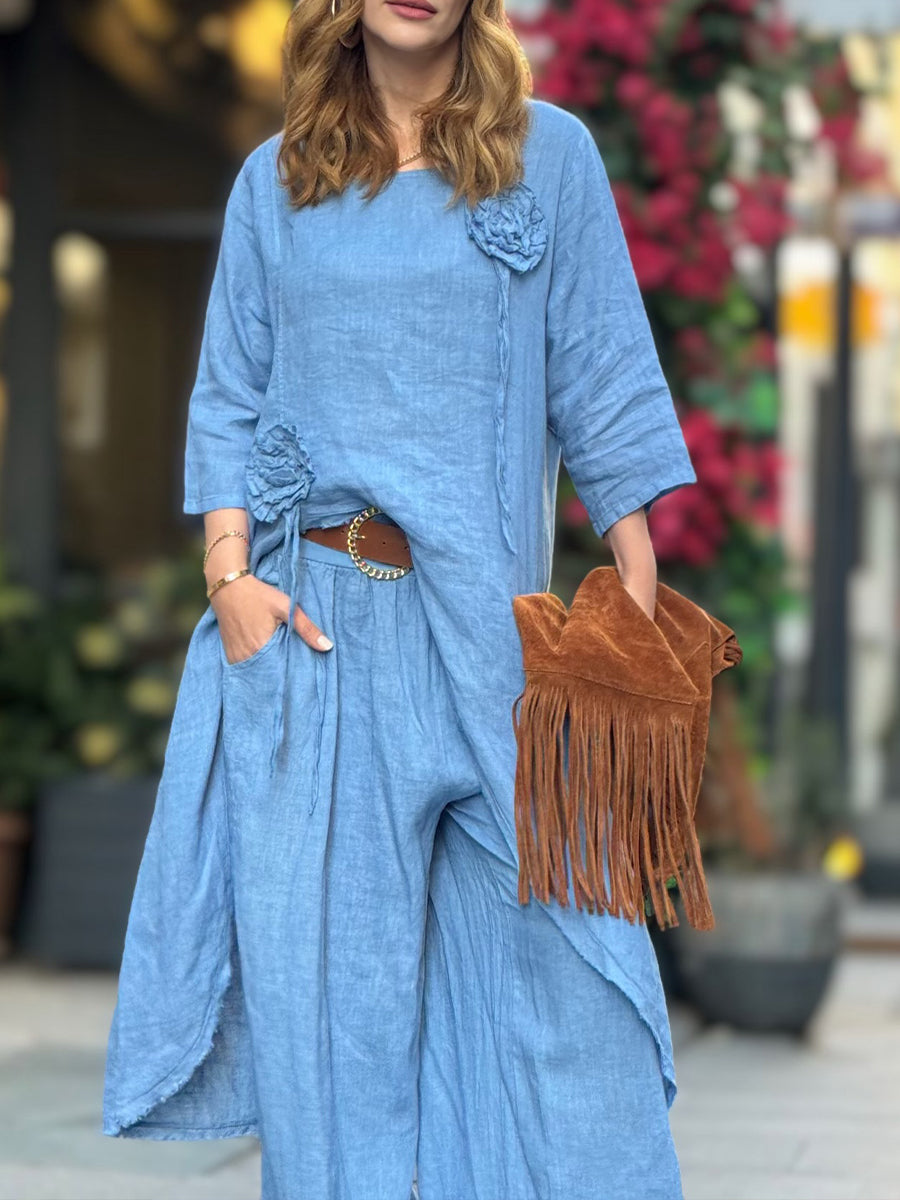 Casual Linen-cotton Long Top And Trousers Two-piece Set