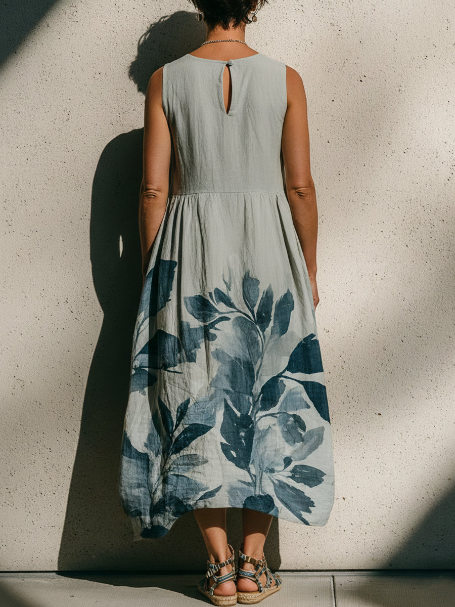 Botanical Print Sleeveless Linen-cotton Midi Dress