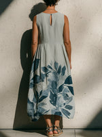 Botanical Print Sleeveless Linen-cotton Midi Dress