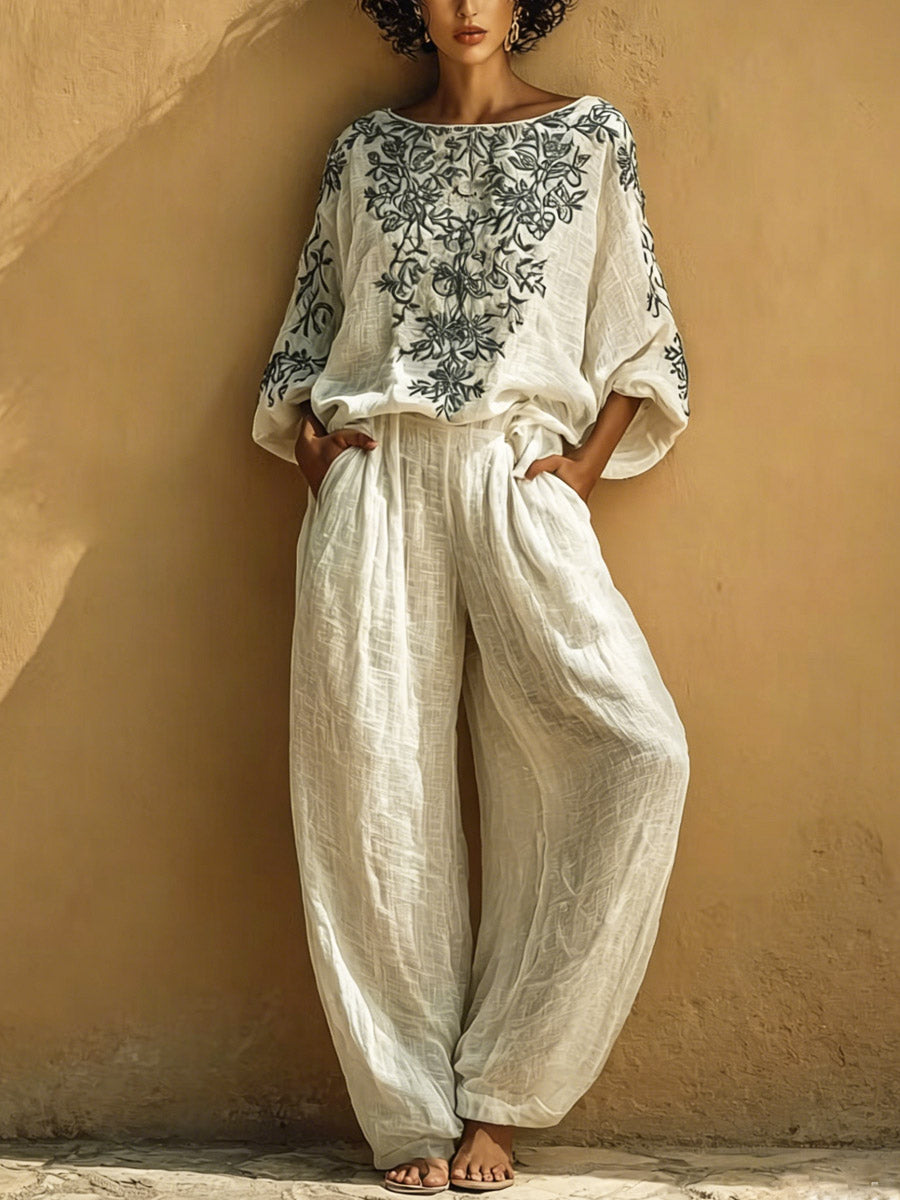 Women's Ethnic Art Comfortable Casual Top And Pants Cotton Linen Two-piece Set