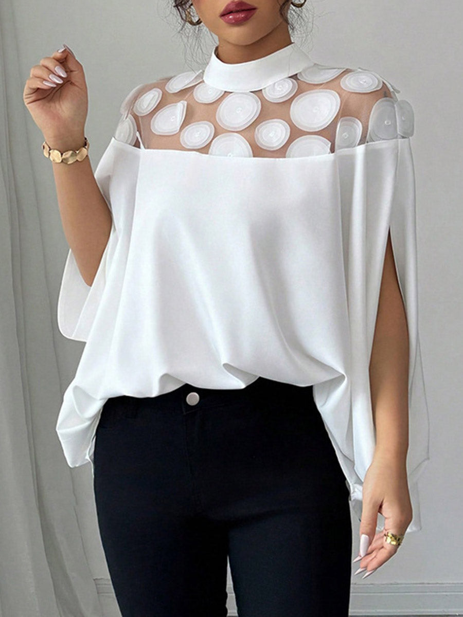 Semi-high-neck Sheer Polka-dot Paneled Loose Batwing-sleeve Top