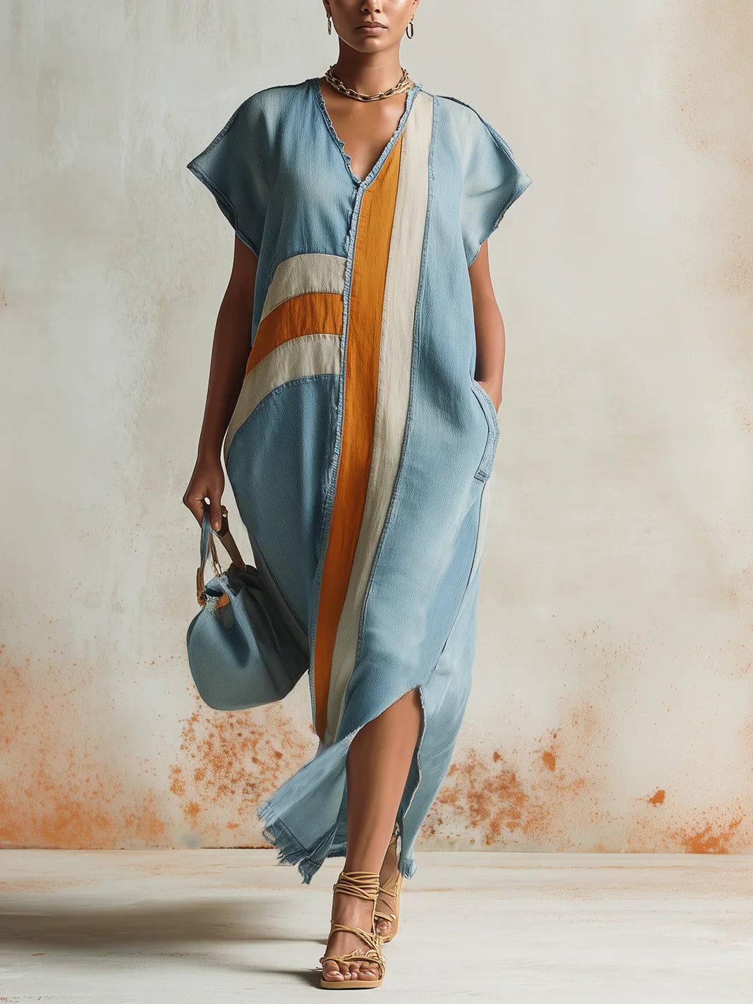 Loose-fit, Casual, Color-block Denim Dress