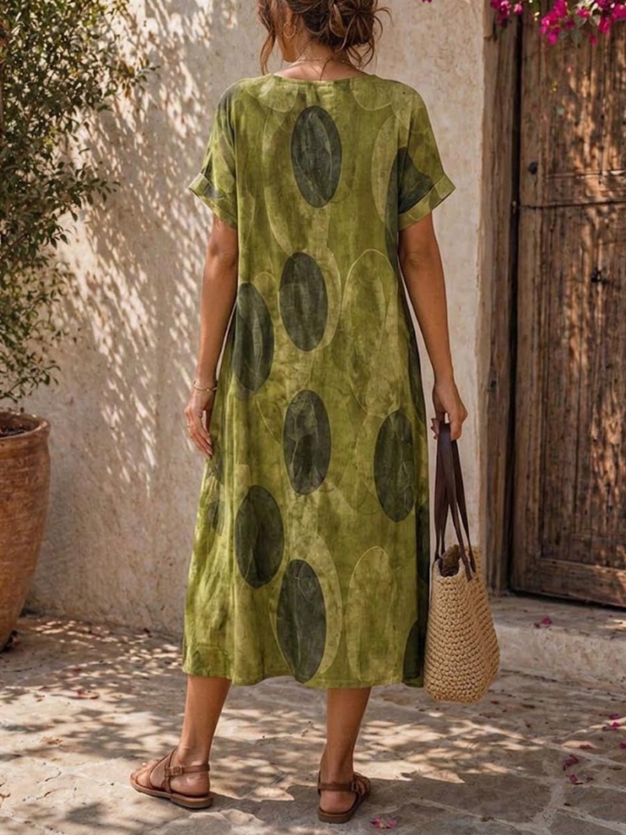 Women's Casual Loose Cotton-linen Dress With Abstract Print Round Neck And Short Sleeves