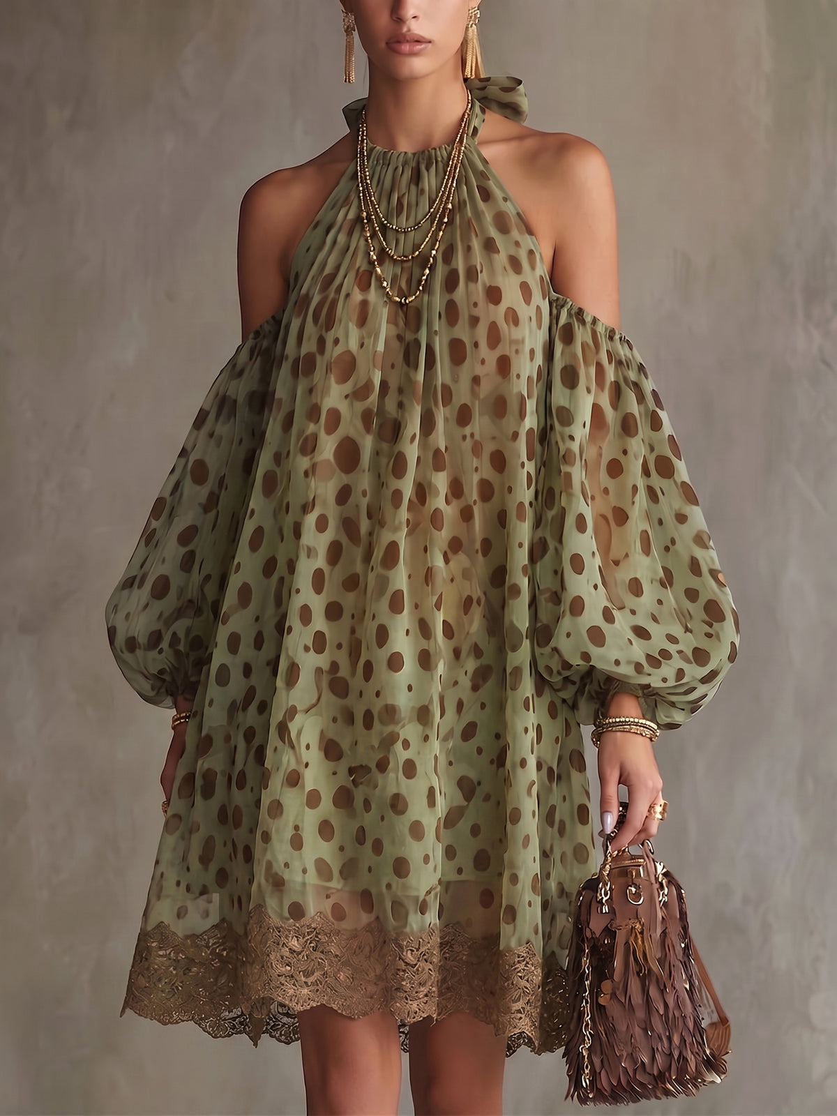 Boho Off-shoulder Halter Polka Dot Print Dress