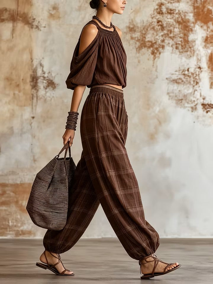 Casual Off-shoulder Linen-blend Top & Plaid Pants Two-piece Set