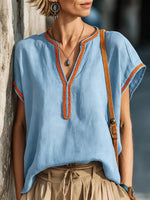 Women's V-neck Short-sleeve Casual Loose Cotton-linen Top