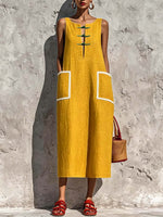 Women's Solid-color V-neck Sleeveless Casual Loose Cotton-linen Dress
