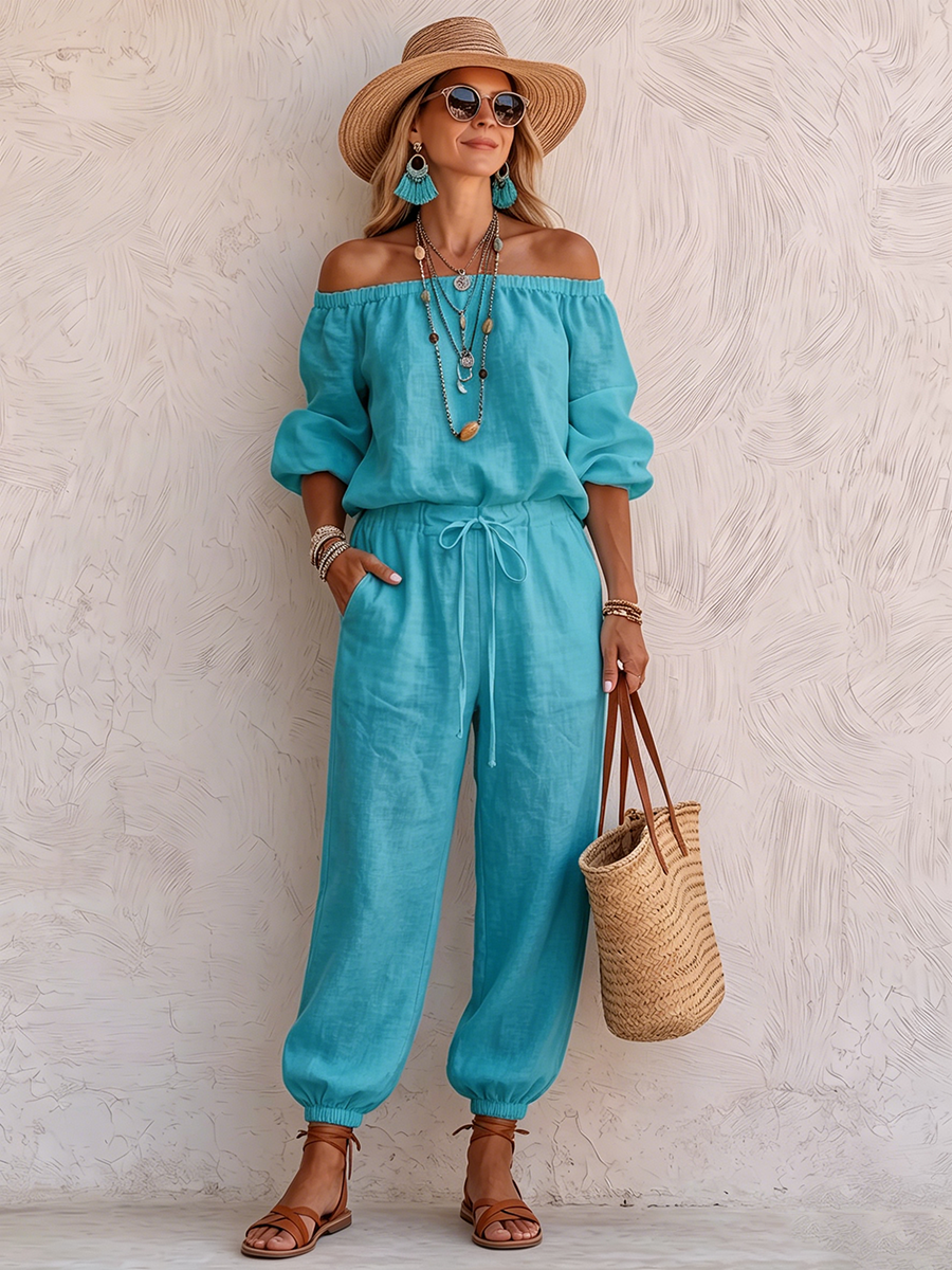 Cozy Boho Off-shoulder Cotton-linen Jumpsuit
