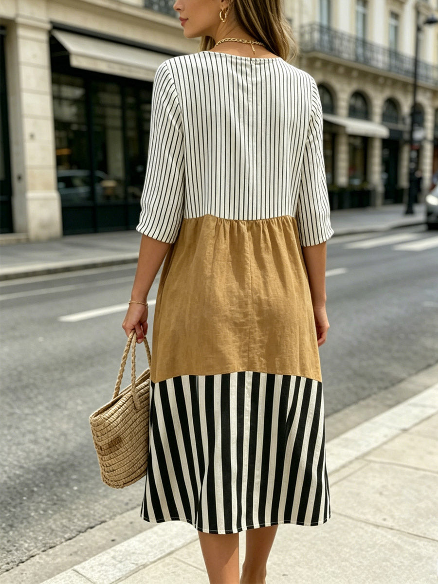 Women's Striped Color Block Art Print Casual Cotton Linen Dress