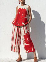 Casual Artistic Print Cotton-linen Two-piece Set: Top & Cropped Pants