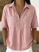 Camicia casual in lino e cotone con mezza zip