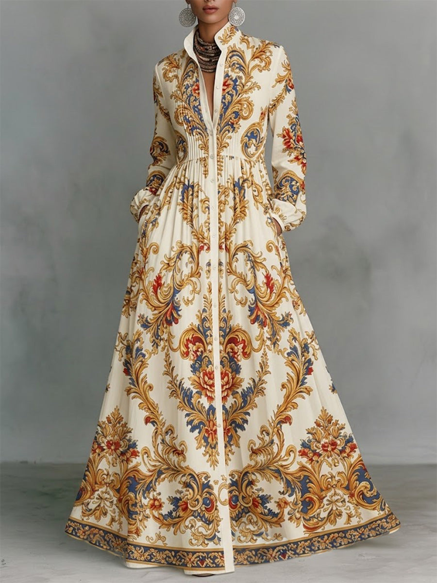 Elegant And Romantic Vintage-print Flared Maxi Dress — Resort Style
