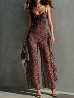 Sensual Leopard-print V-neck Spaghetti-strap Jumpsuit