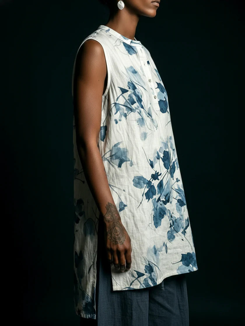Casual Floral-print Linen And Cotton Sleeveless Shirt