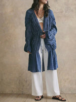 Women Crinkled Textured Open Front Long Cardigan, Drawstring Ruched Balloon Sleeve Ruffle Hem Casual Duster Coat