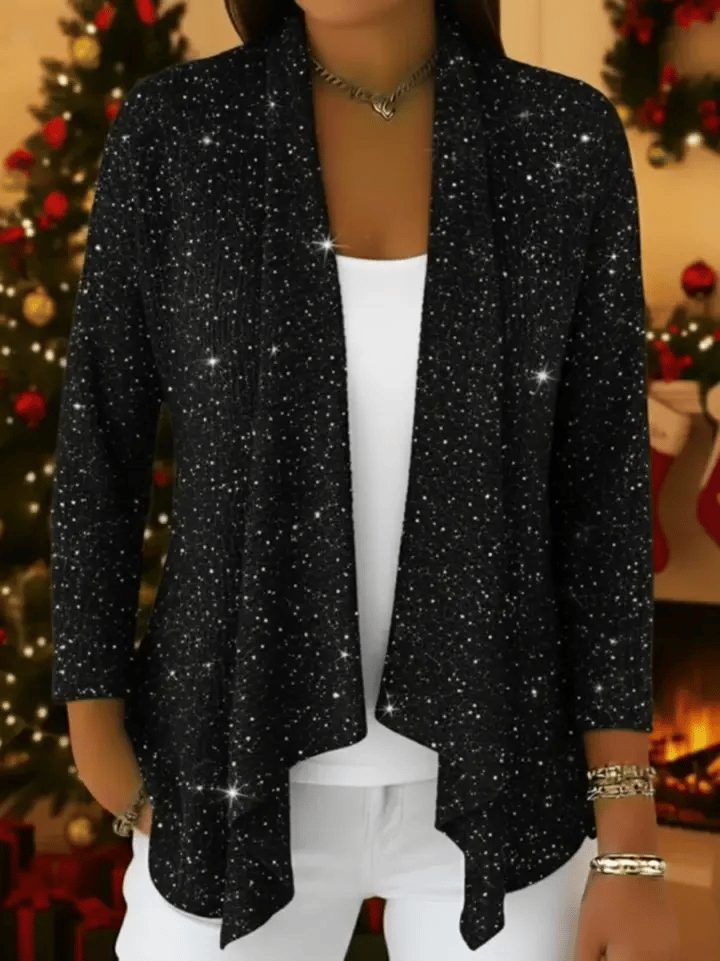 Cardigan in maglia scintillante con orlo irregolare, dallo stile retrò-elegante.