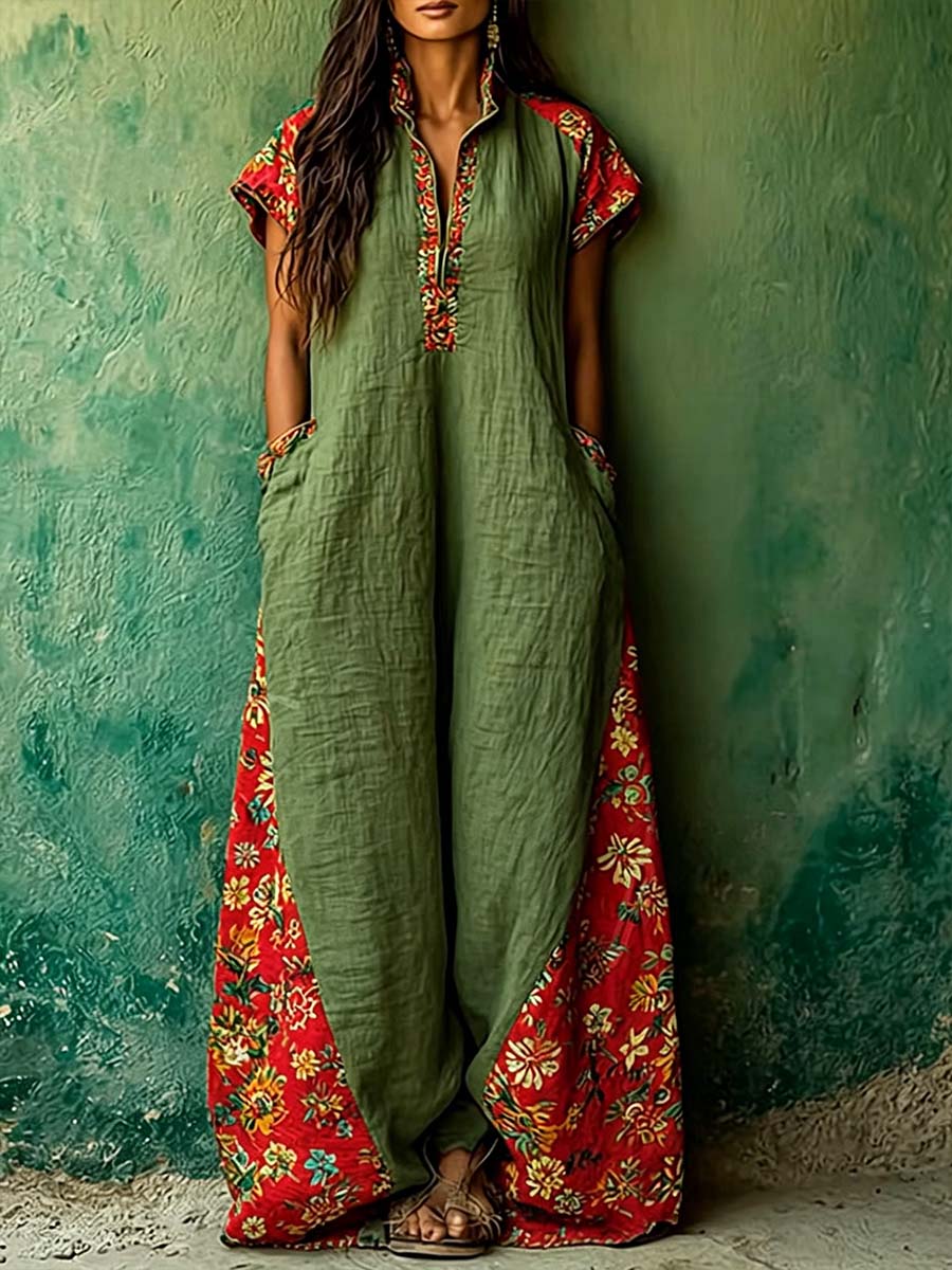 Women's Casual Loose Cotton-linen Dress With V-neck Short Sleeves And Placement Print