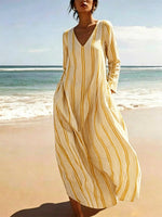 Women's Striped Elegant Art Casual Long Sleeve Cotton Linen Dress