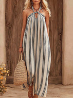 Women's Striped Print Halter-neck Sleeveless Casual Loose A-line Cotton-linen Dress