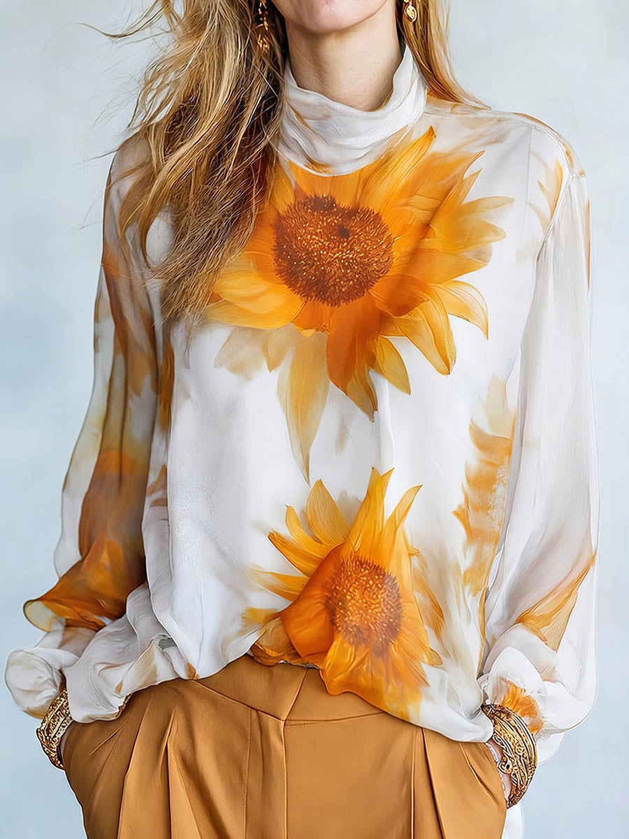 Women's Sunflower Print Stand-collar Long-sleeve Casual Loose Chiffon Two-piece Top
