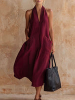 Women's Casual Retro V-neck Linen Slip Dress