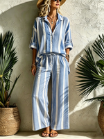 Striped Roll-up Sleeve Collared Shirt + Drawstring Wide-leg Pants Two-piece Set