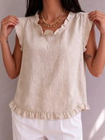 Ruffled Semi-stand Collar Cotton-linen Shirt Top
