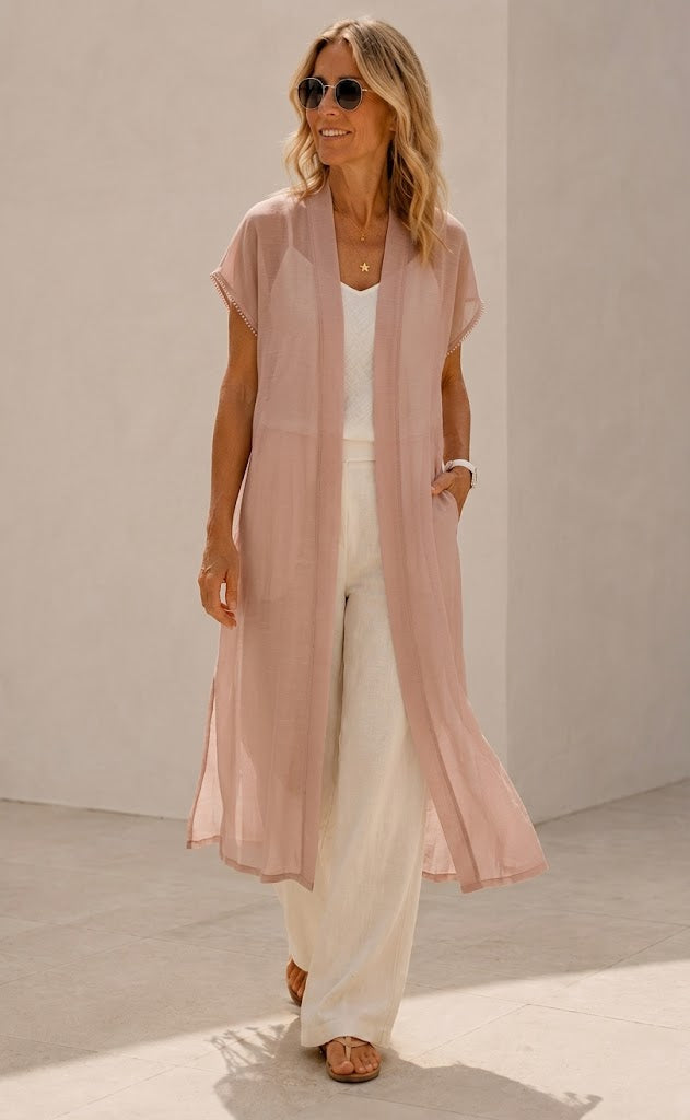 Casual Cotton Cardigan With Pearl-embellished Cuffs