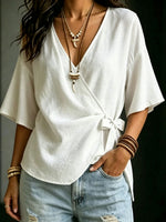 Women's Casual Solid-color Loose V-neck Short-sleeve Tie-front Top