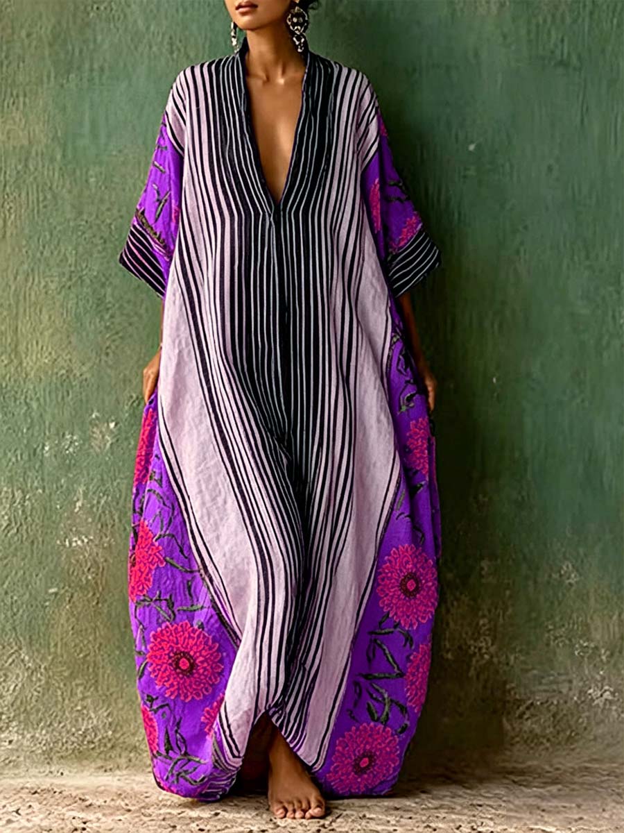 Women's Casual Loose Cotton-linen Dress With Placement Print V-neck And 3/4 Sleeves