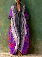 Women's Casual Loose Cotton-linen Dress With Placement Print V-neck And 3/4 Sleeves