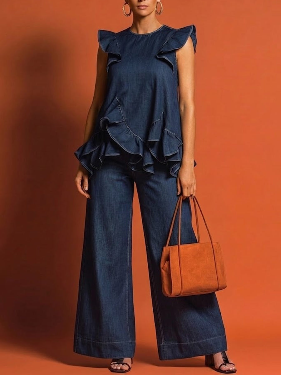 Women's Ruffle Trim Top And Wide-leg Jeans Set