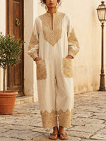 Women's Ethnic Pattern Art Casual Stylish Elegant Long Sleeve Cotton Linen Jumpsuit