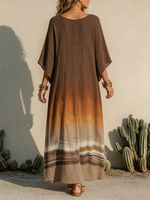 Gradient Color-block Horizontal Stripe Batwing Sleeve V-neck Kaftan Dress