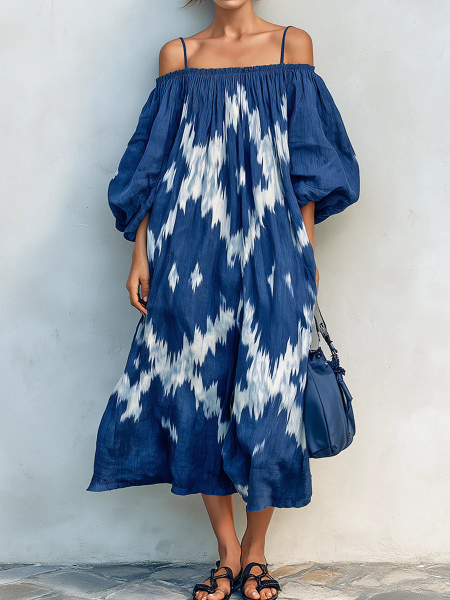 Bohemian Artistic Print Linen And Cotton Strappy Dress