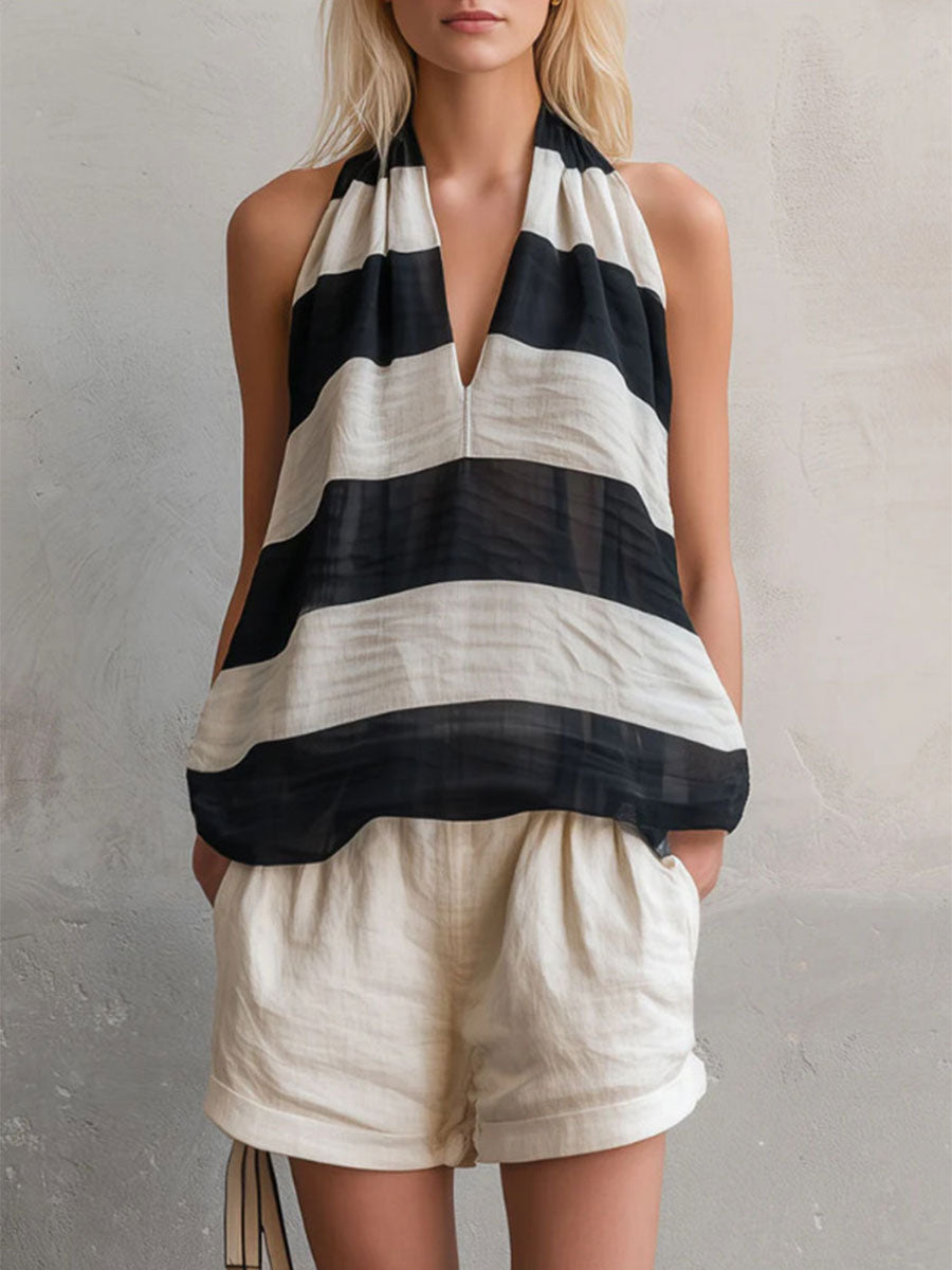Women's Retro Striped V-neck Sleeveless Chiffon Shirt And White Cotton-linen Shorts Set