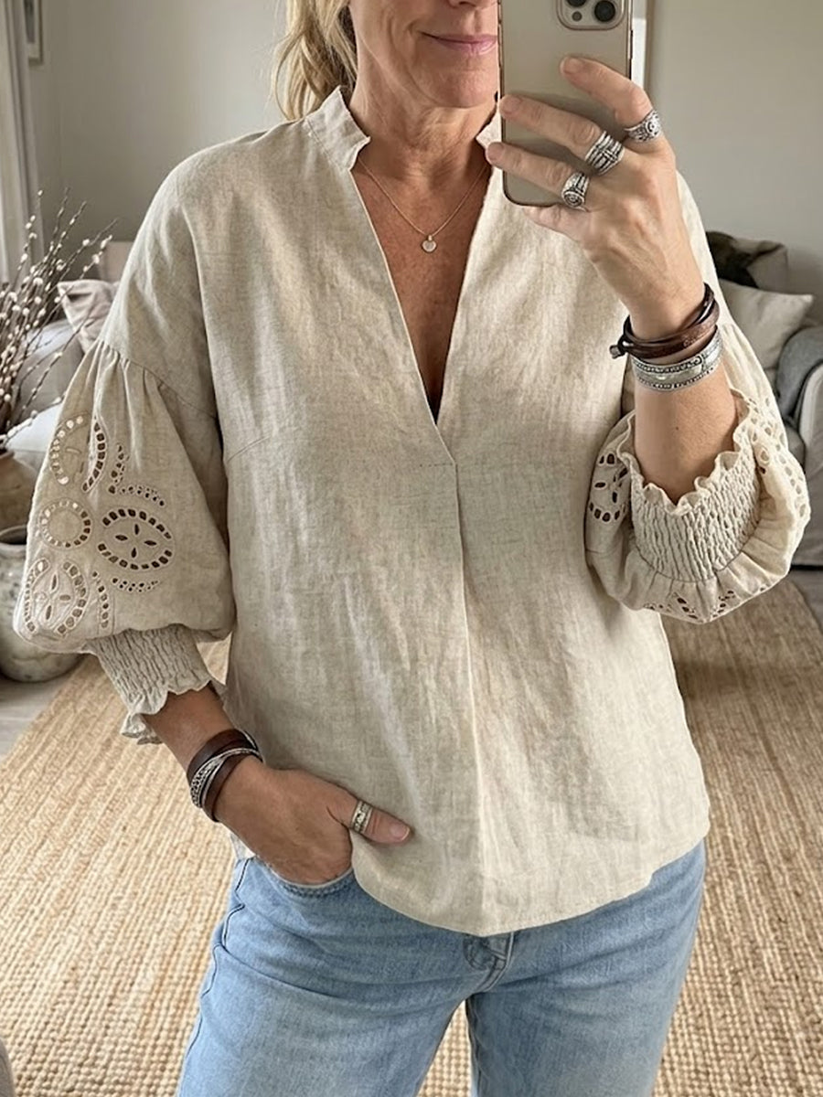 Women's Hollow-out Sleeve Cotton And Linen Top