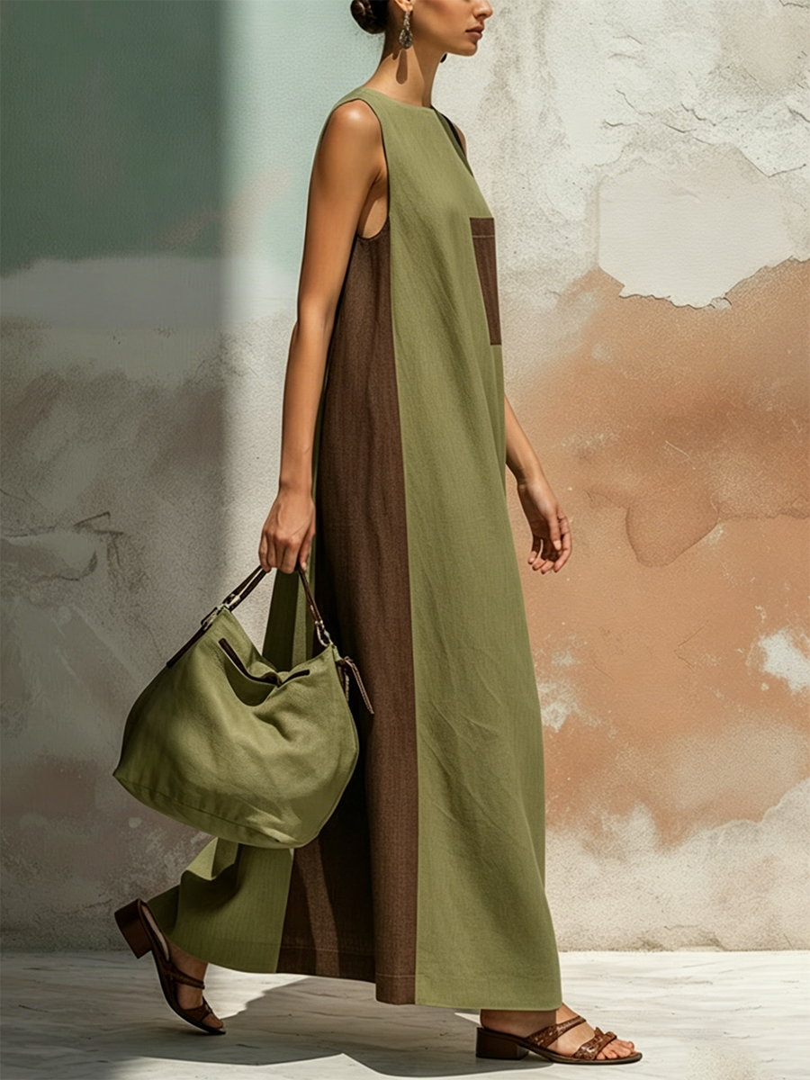 Color-blocked Sleeveless Linen-cotton Maxi Dress